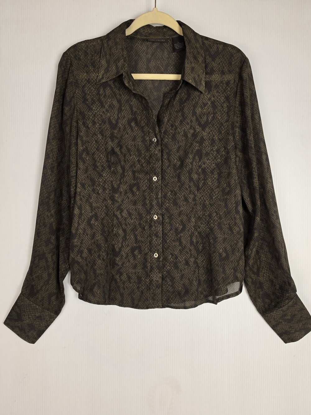The Limited Olive Green and Black Snake Print Button-Down Blouse
